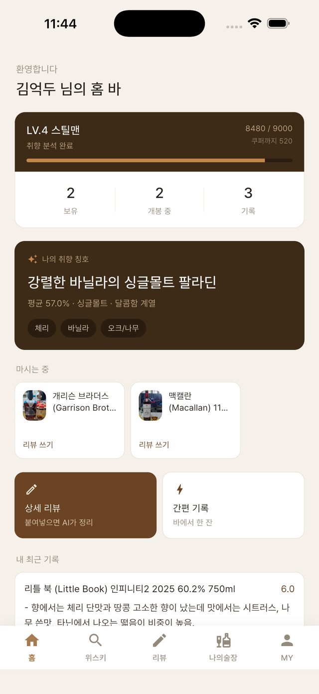드램픽 홈 화면 - 레벨과 취향 칭호, 마시는 중인 병